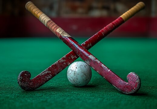 Two worn red hockey sticks crossed over a dirty white ball on green felt field hockey