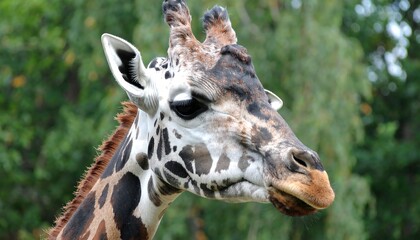 Obraz premium Close-up of a giraffe's head and neck, displaying its distinctive spotted pattern against a blurred background of lush green foliage.