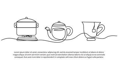 Continuous line design of boil water to make tea. Single line decorative element drawn on white.