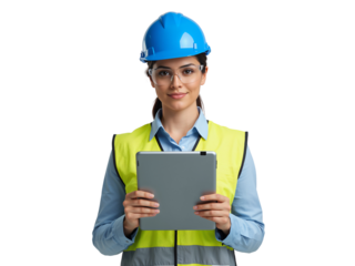 Focused female engineer with digital tablet inspecting site on isolated canvas with transparency