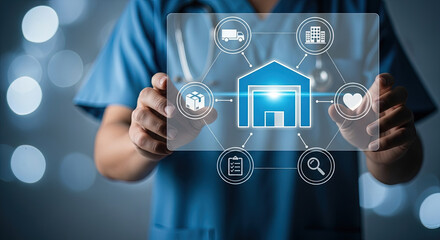 Male nurse displays building icon flowchart connecting delivery and customer service symbols on glass