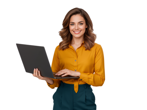 Smiling young woman holding a laptop on isolated background, ready for web design concepts,