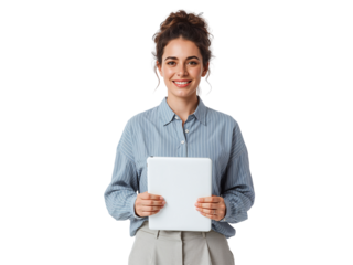 Smiling woman presenting blank tablet with inviting expression isolated transparent backdrop