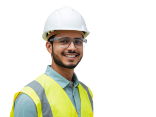 Portrait of cheerful engineer with reflective vest and hard hat on isolated transparent backdrop
