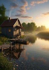 Obraz premium Rustic cabin by tranquil river at dawn