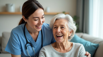 A cheerful female caregiver providing emotional support to a happy elderly woman at home.