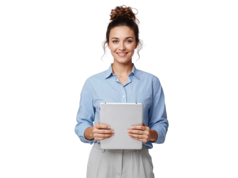 Confident young professional woman holding a tablet with a friendly smile isolated against a