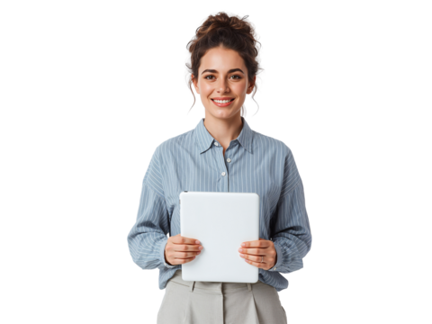 Smiling woman presenting blank tablet with inviting expression isolated transparent backdrop