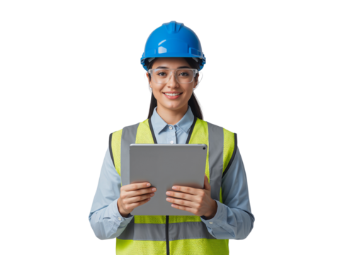 Empowered female construction worker holding a tablet with confident expression on transparent