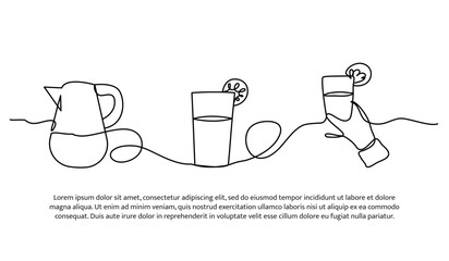 Continuous line design of a pitcher containing a drink and served using a glass. Single line decorative element drawn on white.