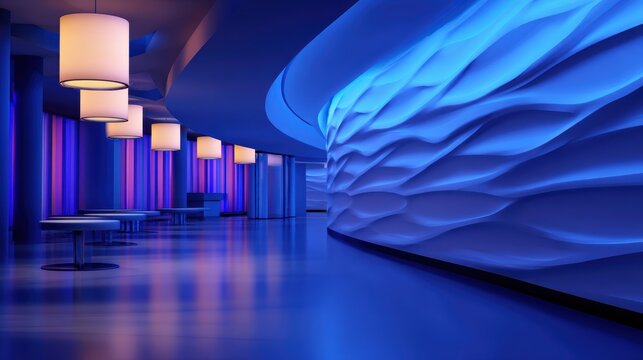 Modern interior of a stylish lounge with blue lighting, elegant seating, and artistic wall design