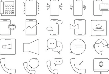 Collection of hand drawn communication and technology icons for digital services and modern connectivity white background