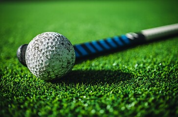 White hockey ball and stick resting on green artificial turf field hockey sport