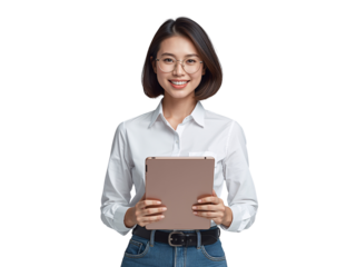 Smiling young woman in white shirt holding a tablet, isolated against transparent backdrop