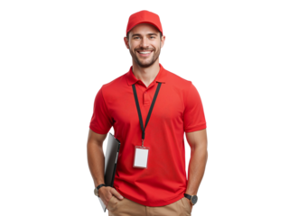 Smiling delivery courier in vibrant red uniform against transparent backdrop offering prompt