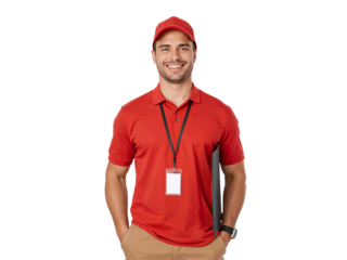 Cheerful delivery professional poses on a transparent layer ready for advertising campaigns