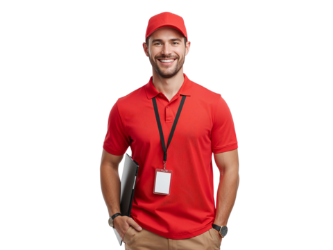 Smiling delivery courier in vibrant red uniform against transparent backdrop offering prompt