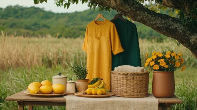 Outdoor goods such as fresh produce flowers and baskets arranged under the canopy of a tree in a natural serene setting  This image evokes a nature inspired rustic and tranquil vibe