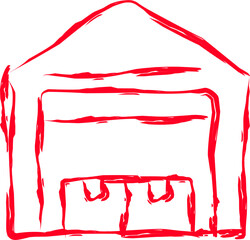 Red line art illustration of a warehouse building. Minimalist sketch style symbol representing storage, logistics, distribution, shipping, and industrial facilities.
