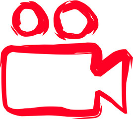 Minimalist red line art of a video camera icon. Simple sketch illustration symbolizing film, media, cinema, recording, movie production, and digital content creation.
