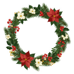 Festive Christmas Wreath Illustration With Red Poinsettias And Green Pine Foliage
