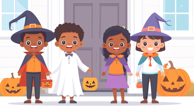 Joyful group of diverse children in cute Halloween costumes ready for trick-or-treating with spooky jack-o'-lanterns