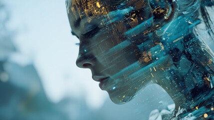 This Image Features a Futuristic Woman Interwoven with Digital Circuits