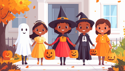 Happy Halloween A Group of Kids in Costumes Going Trick-or-Treating on a Sunny Day