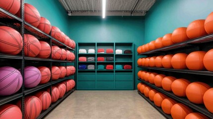 Vibrant and organized display of various sports equipment accessories and goods in a clean industrial style retail warehouse setting