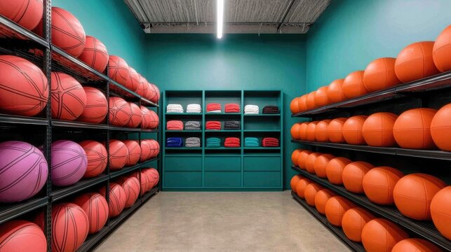 Vibrant and organized display of various sports equipment accessories and goods in a clean industrial style retail warehouse setting - Powered by Adobe
