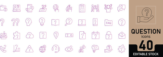 A professional vector icon set for questions and support topics. Features 40 editable line icons for FAQs, help desks, curiosity, and information, with a clean and modern linear style.