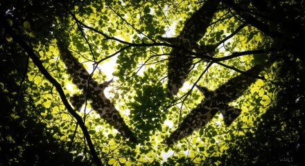 Three Birds Silhouette Flying Through Sunlit Canopy of Green Leaves