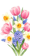 Floral Bouquet Illustration Of Pink Tulips Daffodils And Hyacinths In Bloom