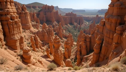 Aerial view of a canyon with tall rock formations and a valley in the distance on a sunny day outdoors