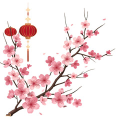 Floral Illustration of Cherry Blossoms and Lanterns on Transparent Background