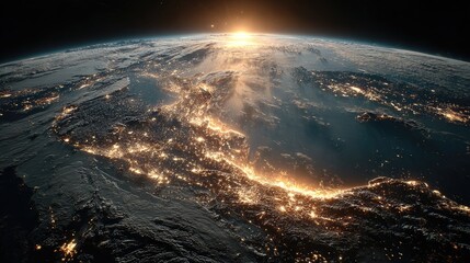 Fototapeta premium Earth's illuminated cities, sunrise view from space