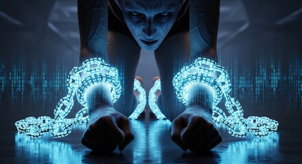 Futuristic concept of a person trapped by glowing digital chains made of binary code