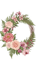 Floral Wreath Illustration With Pink Flowers And Green Leaves On Black Background