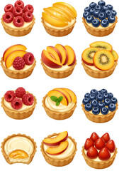 Fruit Tarts Illustration With Raspberries Peach Blueberries Strawberries Isolated