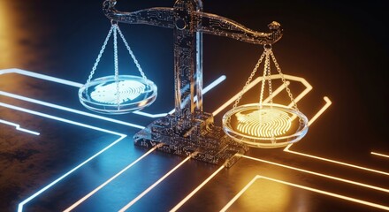 Scales of justice made of circuits weighing digital identity tokens in a futuristic concept
