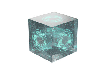 Futuristic Digital Cube Illustration with Transparent and Geometric Design on Black Background