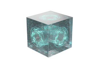 Futuristic Digital Cube Illustration with Transparent and Geometric Design on Black Background