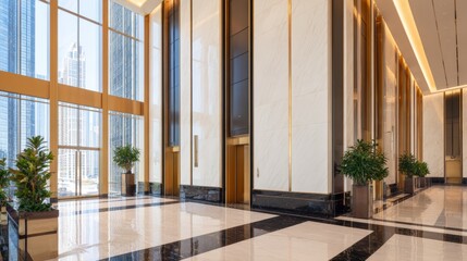 Obraz premium Modern lobby of a high-rise building featuring elegant design, large windows, and greenery