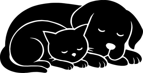 Dog and Cat Sleeping Side by Side - Cute Animal Silhouette Illustration With White Background 