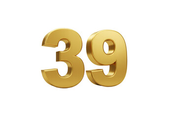Gold 3D Rendered Number Thirty Nine Isolated On Transparent Background