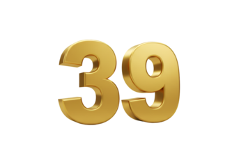 Gold 3D Rendered Number Thirty Nine Isolated On Transparent Background
