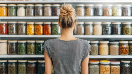 Woman shopping at a zero waste store exploring various bulk food options and selecting products to purchase using reusable containers as part of an eco friendly sustainable lifestyle