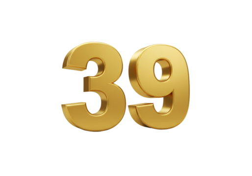 Gold 3D Rendered Number Thirty Nine Isolated On Transparent Background