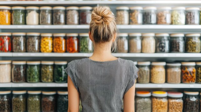 Woman shopping at a zero waste store exploring various bulk food options and selecting products to purchase using reusable containers as part of an eco friendly sustainable lifestyle
