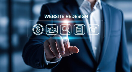 Businessman in a suit is pressing a search button on a transparent screen